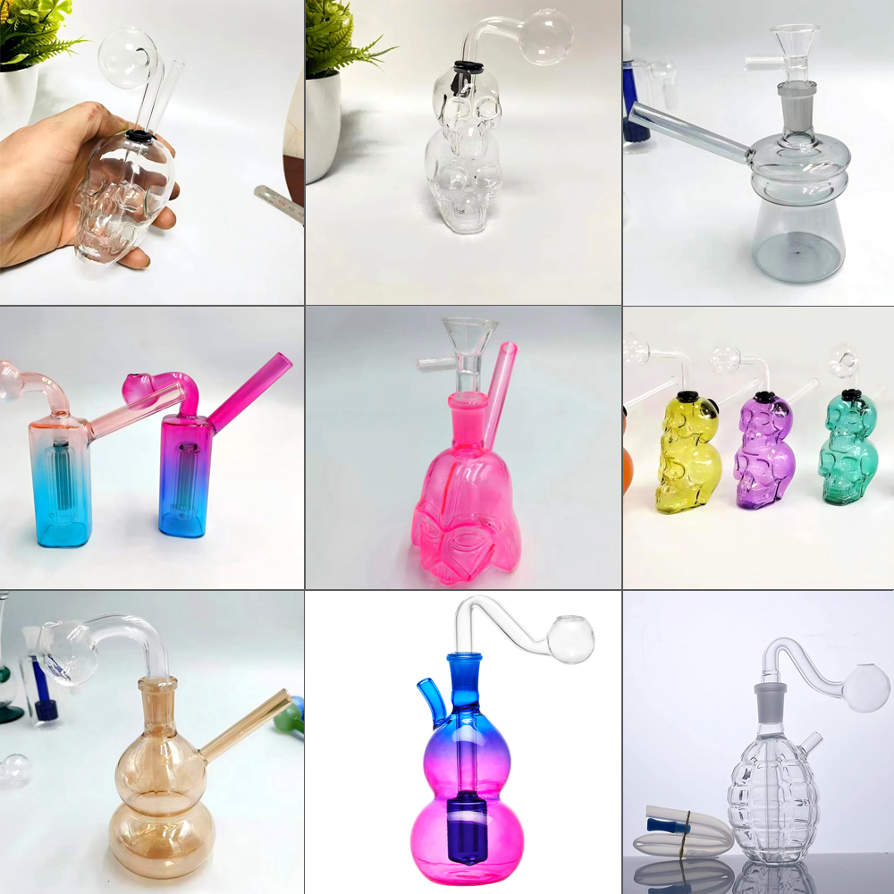 Various Styles Color Mini Glass Oil Bong With 14mm Glass Oil Burner Pipes Skull Water Ash Catcher Smoking Hand Hold Glass Bongs