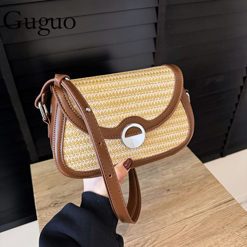 Luxury Bag Guguo Designer Bag Leopard Print Color-blocking Underarm Lock Small Bag For Women 2025 New Beach Woven Bag Crossbody Straw Woven Small Squa