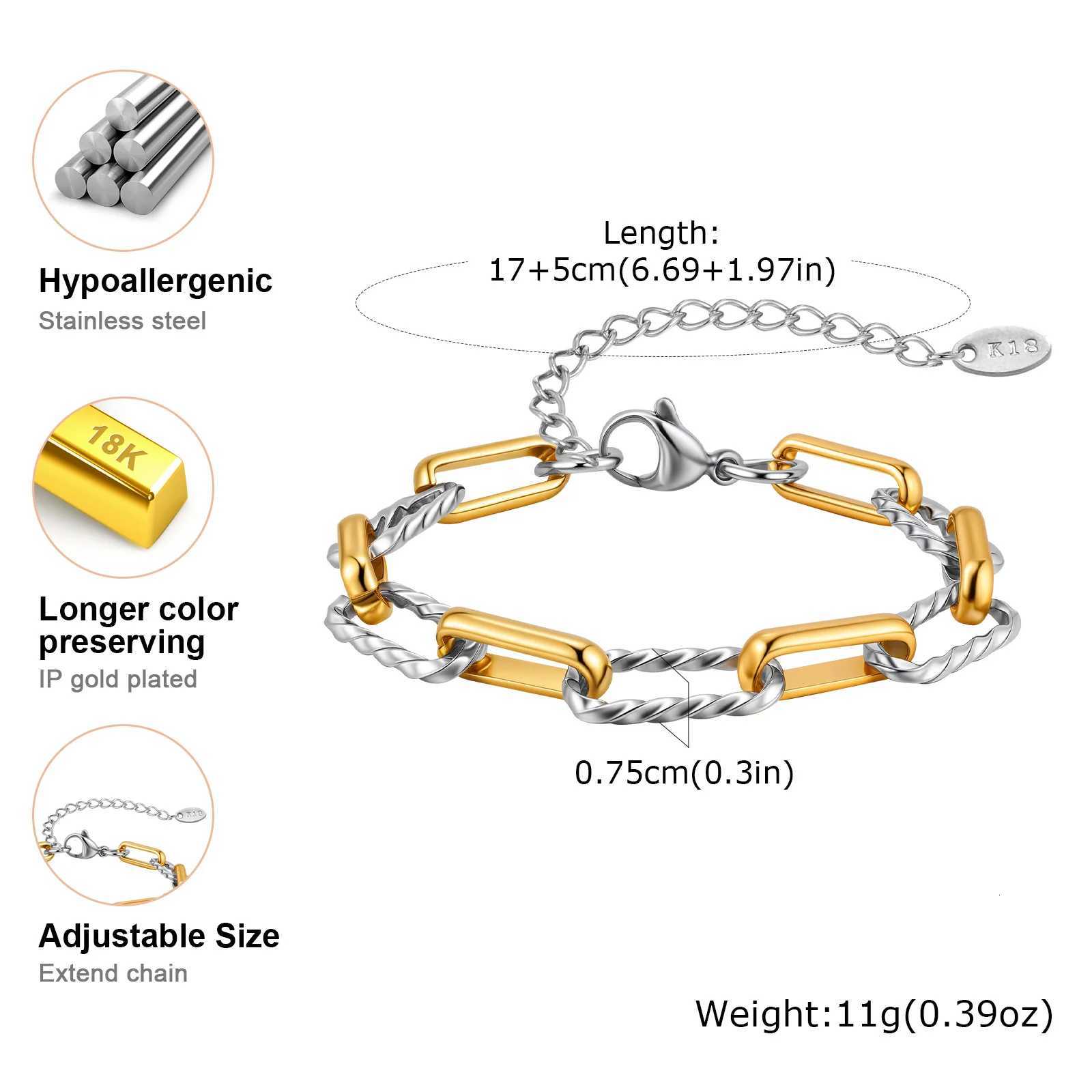 Two Tone Twist Link Paperclip Bracelet For Wen Chunky Stainless Steel Bracelet Adjustable Link 18k Gold Plated Jewelry X250922