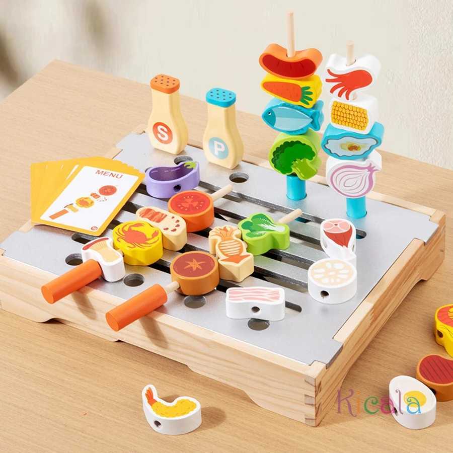 Montessori Wooden Pretend Play Kitchen Toys BBQ Set Dessert Puzzle Toys Simulation Barbecue Role Game Gift For Toddlers Age 3 C250922
