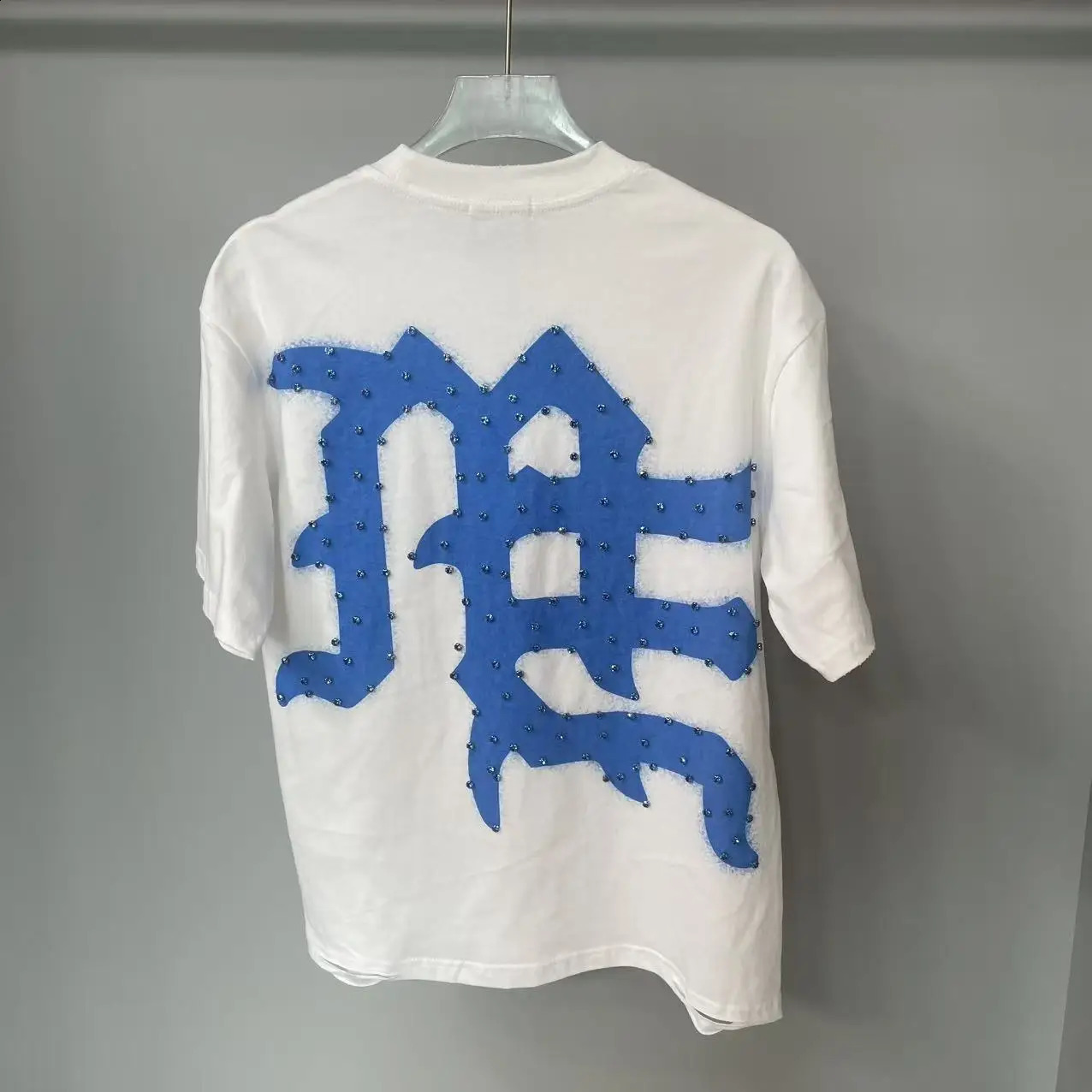 Mixed Emotion Ripped Hole Diamond Short Sleeve Tshirts for Men Round Neck Rhinestone Loose Casual Tees Oversized Summer Tshirt 250920