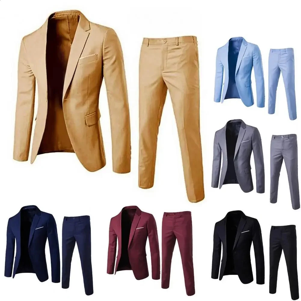 1 Set Trendy Men Suit Anti Deformation Formal Suit Turndown Collar Pure Color One Button Suit Set Daily Wear 250916