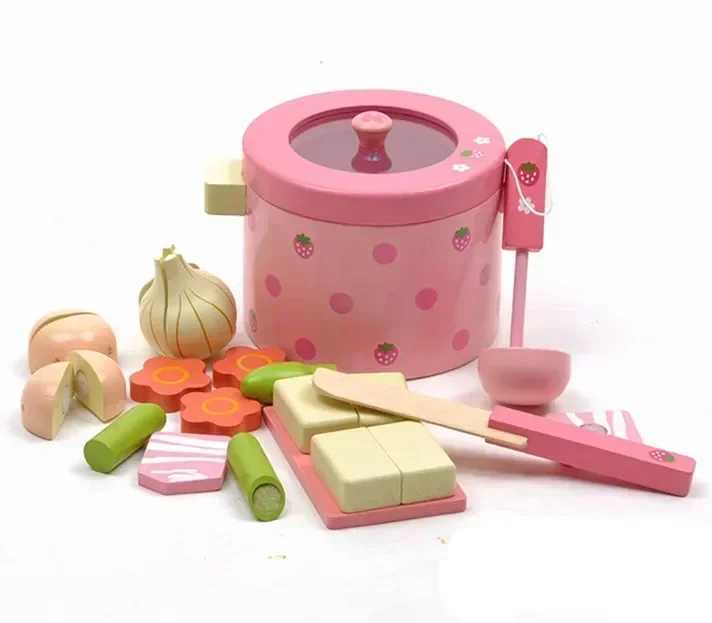 Simulation Vegetable Hot Pot Wooden kitchen cook Prentend Play Food Tofu Knife Pan Set Play house toy Birthday Funny Gift C250922