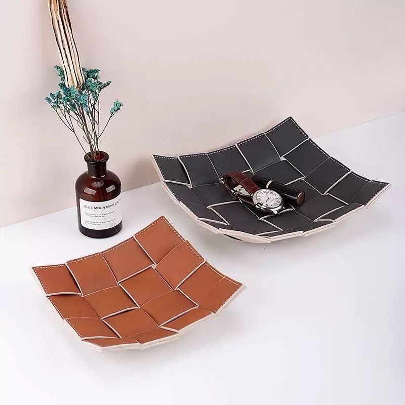 Minimalist Desktop Entrance Key Tray Double-Sided Leather Woven Storage Basket