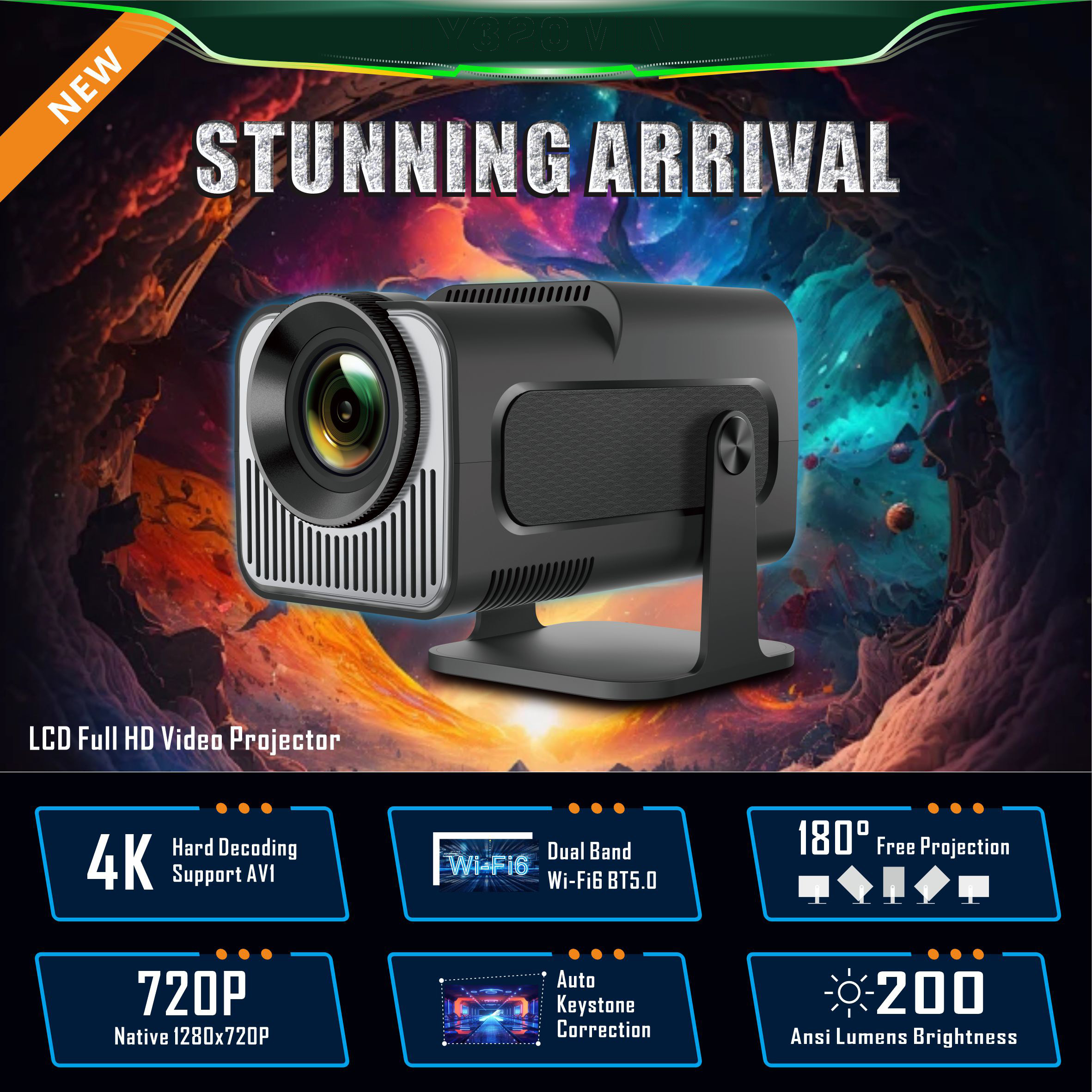 2025 Portable Projector 200 ANSI 1280*720P BT 5.0 Android 11.0 With 2.4/5G WiFi6 8GB Round Design Movie Projector 30"- 150" Screen, 180° Fli