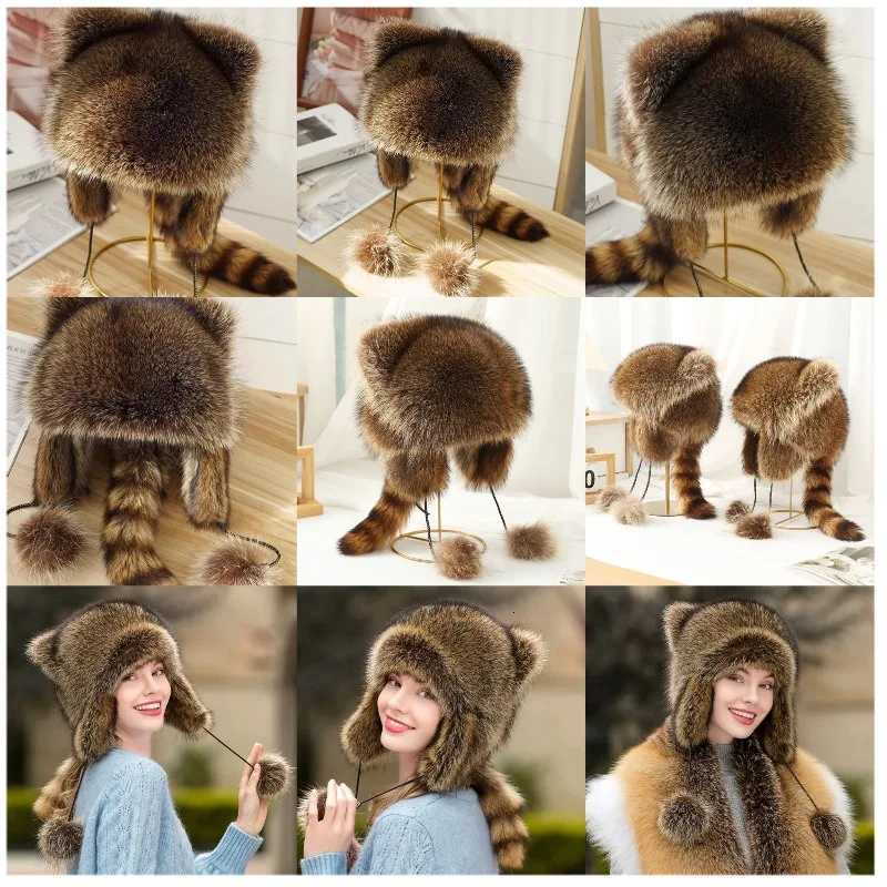 trend Raccoon Fur C Tail Wen Natural Raccoon Fur Cs Ushanka Hats for Winter Thick Warm Ears Fashion Bber P Hat2026 Y250920