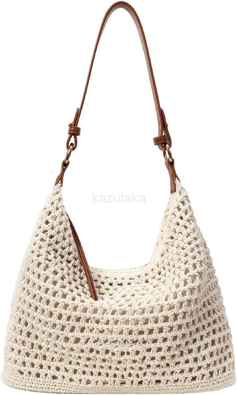 Women Small Cotton Crochet String Bag Handwoven Summer Beach Tote Bag Knitted Vacation Hobo Purse Bohemian Shoulder Handbag Z250922