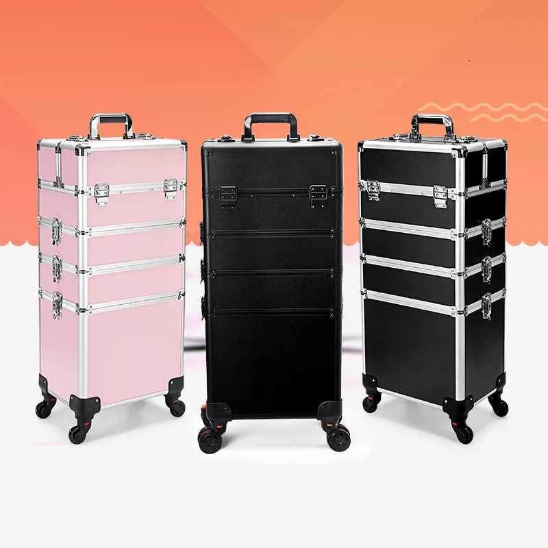 4 in 1 Professional Makeup Train Case Aluminum Rolling Cosmetic Case On Wheels Artist Makeup Organizer Storage with TraysXJ250922