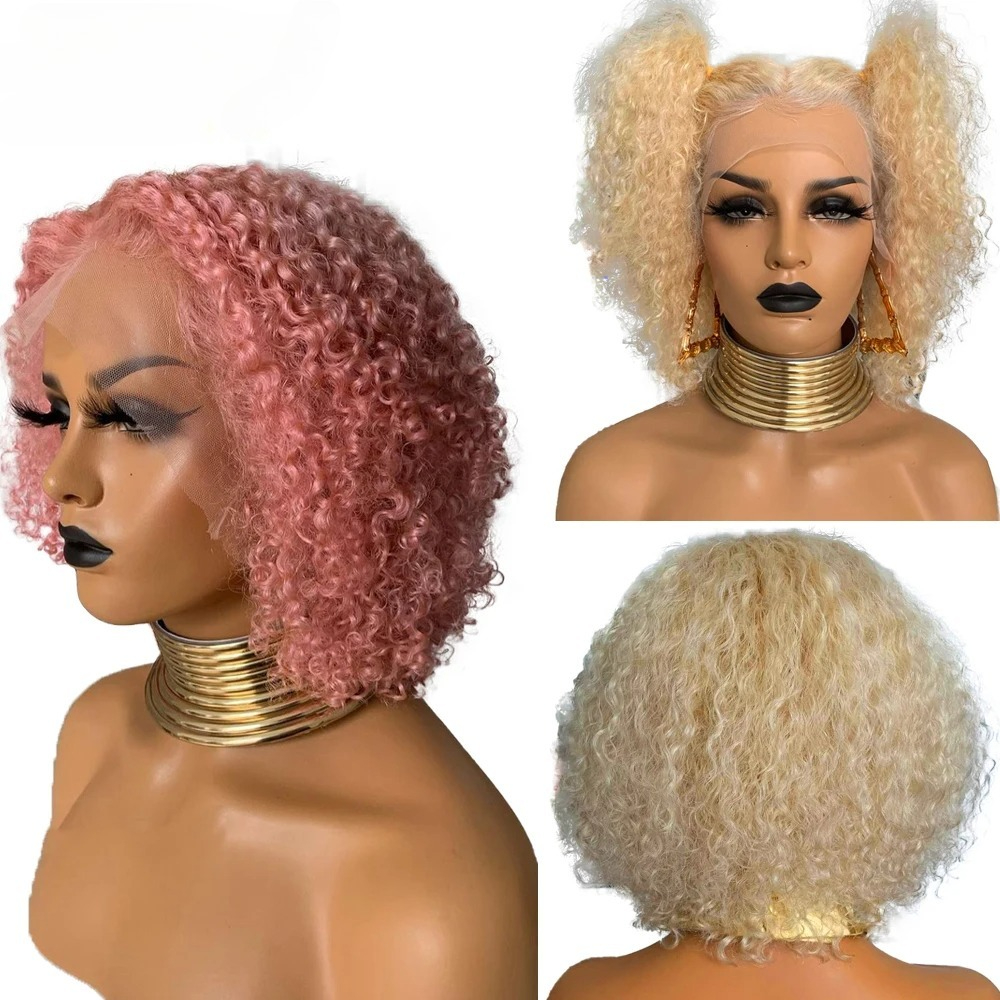 Kinky Curly Wigs Human Hair 13x4 13x6 HD Lace Frontal Wig Pink Short Bob Wig 360 Full Lace Wig Blonde Brazilian Hair High Density Ready To Wear For Wemon