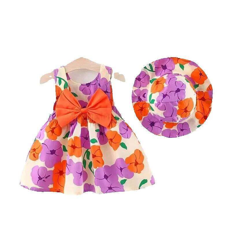 Summer Baby Flower Print Bow Princess Party Dress Hat Girl Outfits Children Clothes Set Toddler Infant Newborn Dress