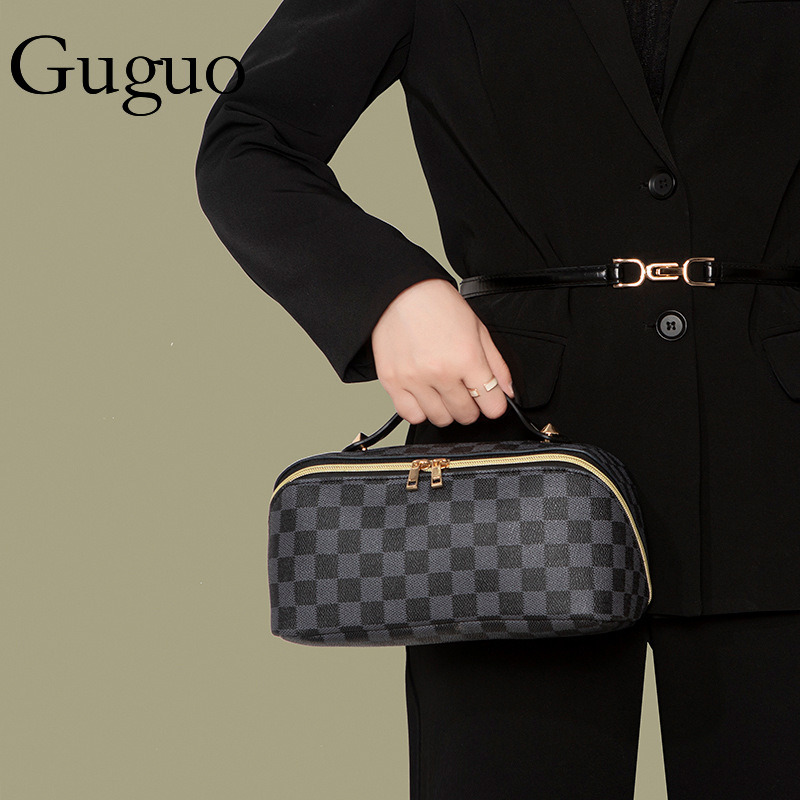 Guguo Designer Bag Vintage Style Floral Plaid Makeup Bag For Women Large Capacity Luxury Bag Portable Handheld Toiletry Bag Cosmetic Storage Bag Whole