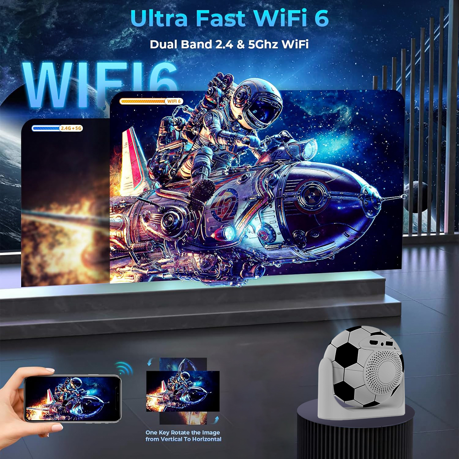 2025 Portable Projector 160 ANSI 1280*720P Android 13.0 BT 5.0 With 2.4/5G WiFi6 2+8GB Round Design Movie Projector 40"- 100" Screen, 180° F