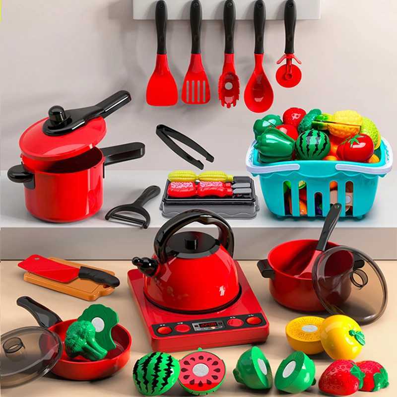 Red Kitchen Toys Pretend Play Simulation Food Cooking Kids Toys Girls Boys Educational Play House Interactive Toys for Children C250922