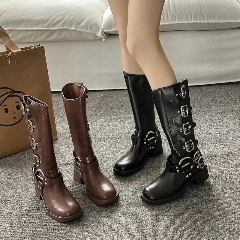 Vintage Wan Wern Cowgirl Boot Fion Belt Buckle Long Booties Autumn Winter Suqare Low Heel Girl Shoes Y250922