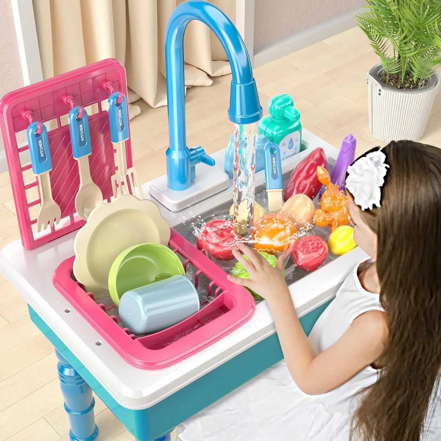 Play House Simulation Kitchen Sink Children Toys With Real Faucet Cooking Stove Cookware Pot Pan Play Food Girls Toy Educational C250922