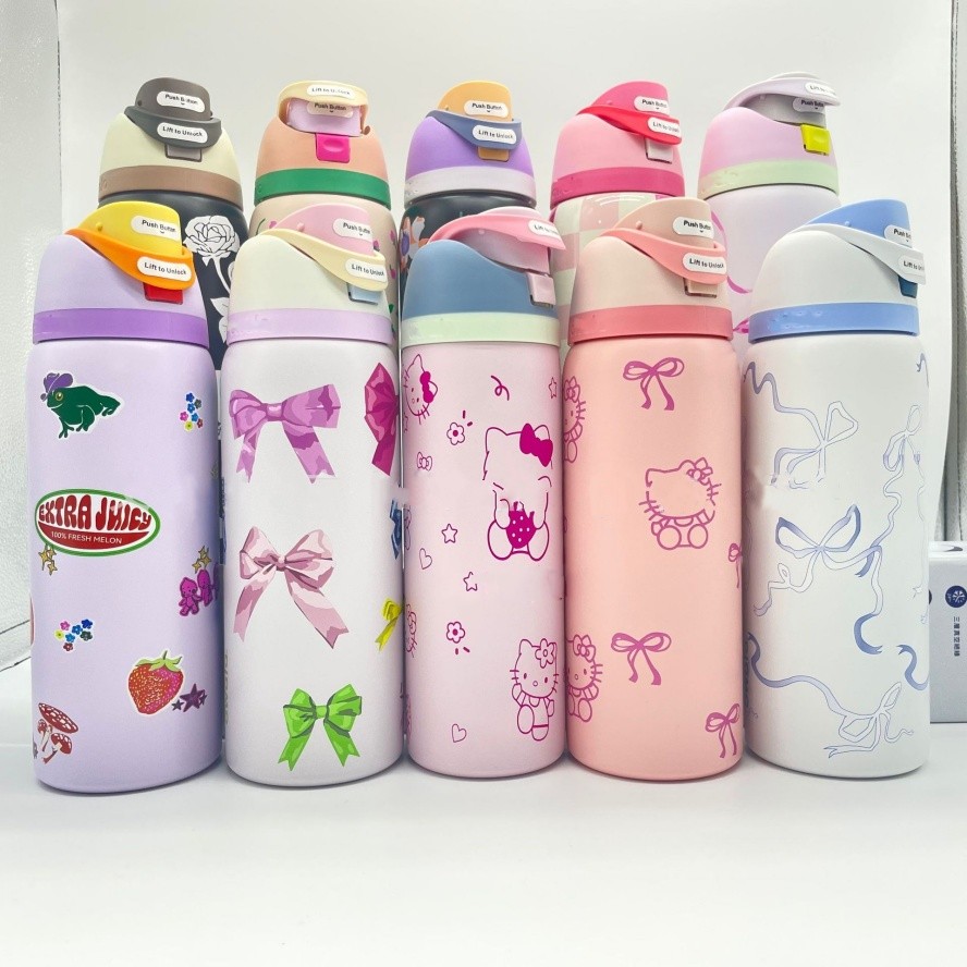 New Water Bottles 24Oz/32 Oz Insulated Stainless Steel Tumblers with Flip Straw Bow Tie BPA-Free Sports Cups Outdoor Travel Car Mugs Wholesale 0417