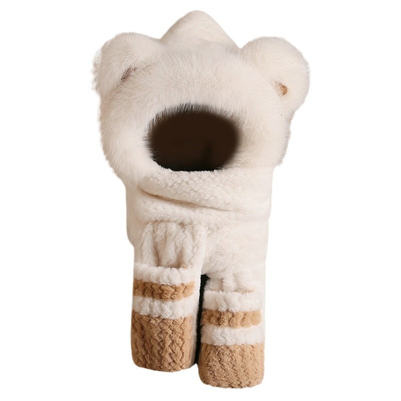 Cold-proof and warm teddy bear plush hat, scarf and gloves all-in-one women's winter thickened ear-protecting cycling cap