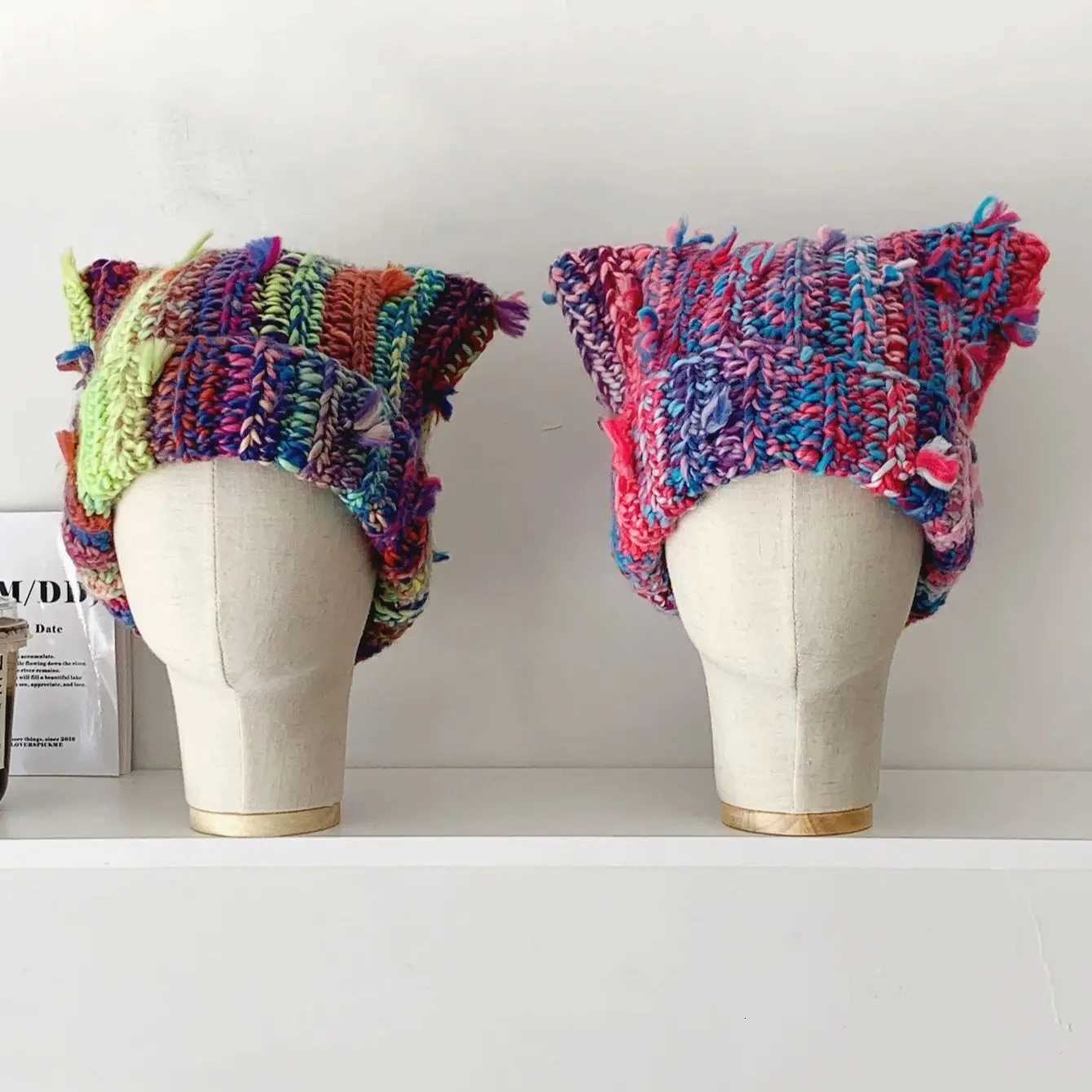 Mixed Color Woolen Hat Knitted Hat Fashionable and Versatile Ear Protection Cold Hat Baotou Hat Contra Color Cat Ear Hat Y250920
