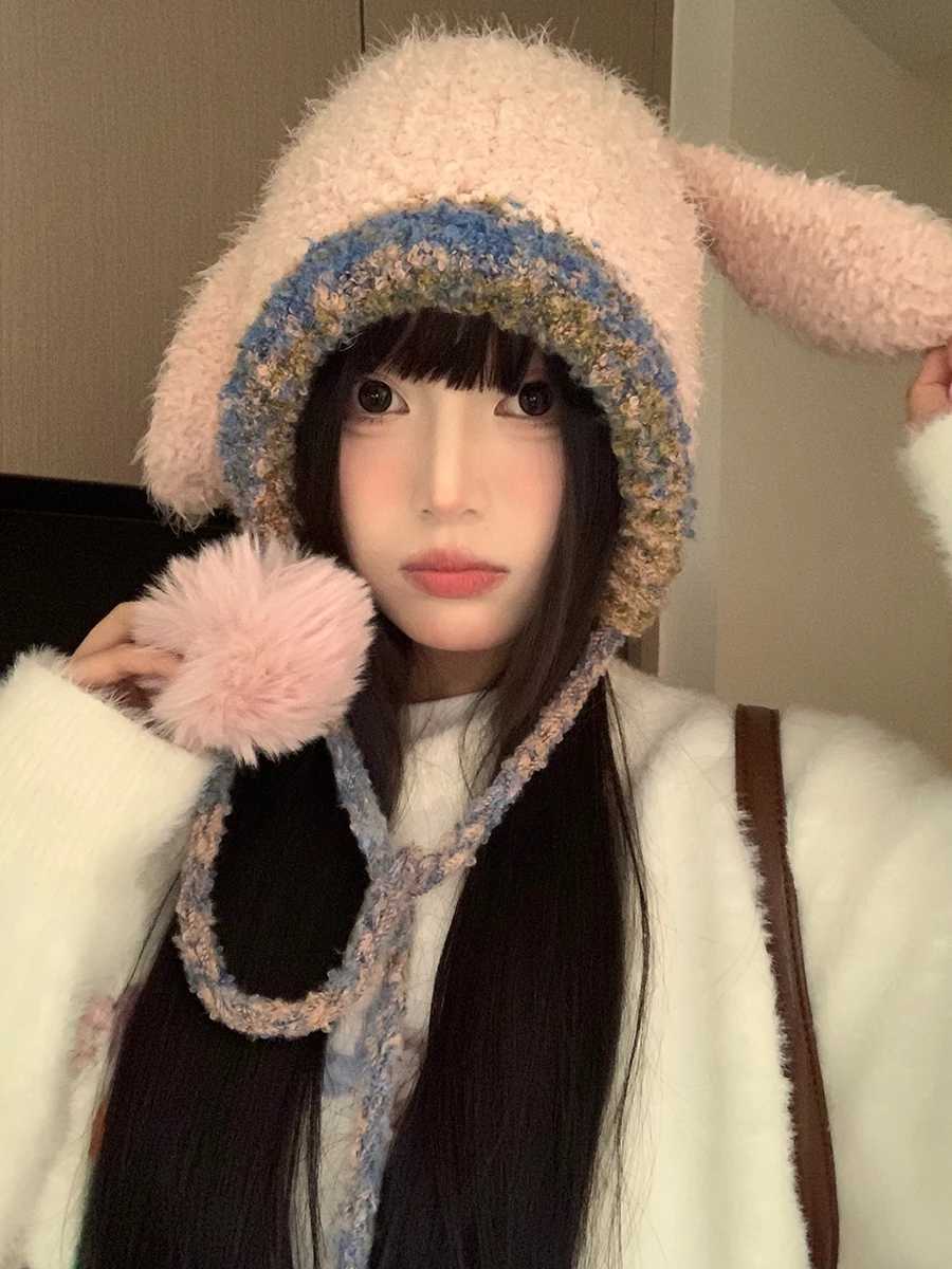 Furry Cute Rabbit Ear Knitted Hat For Wen Autumn And Winter Ear Protection To Show A Small Face A Hooded Covering Y250920