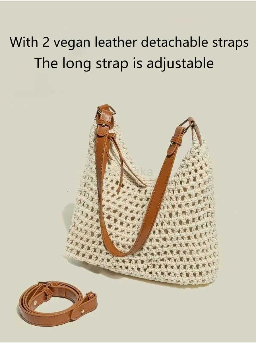 Women Small Cotton Crochet String Bag Handwoven Summer Beach Tote Bag Knitted Vacation Hobo Purse Bohemian Shoulder Handbag Z250922