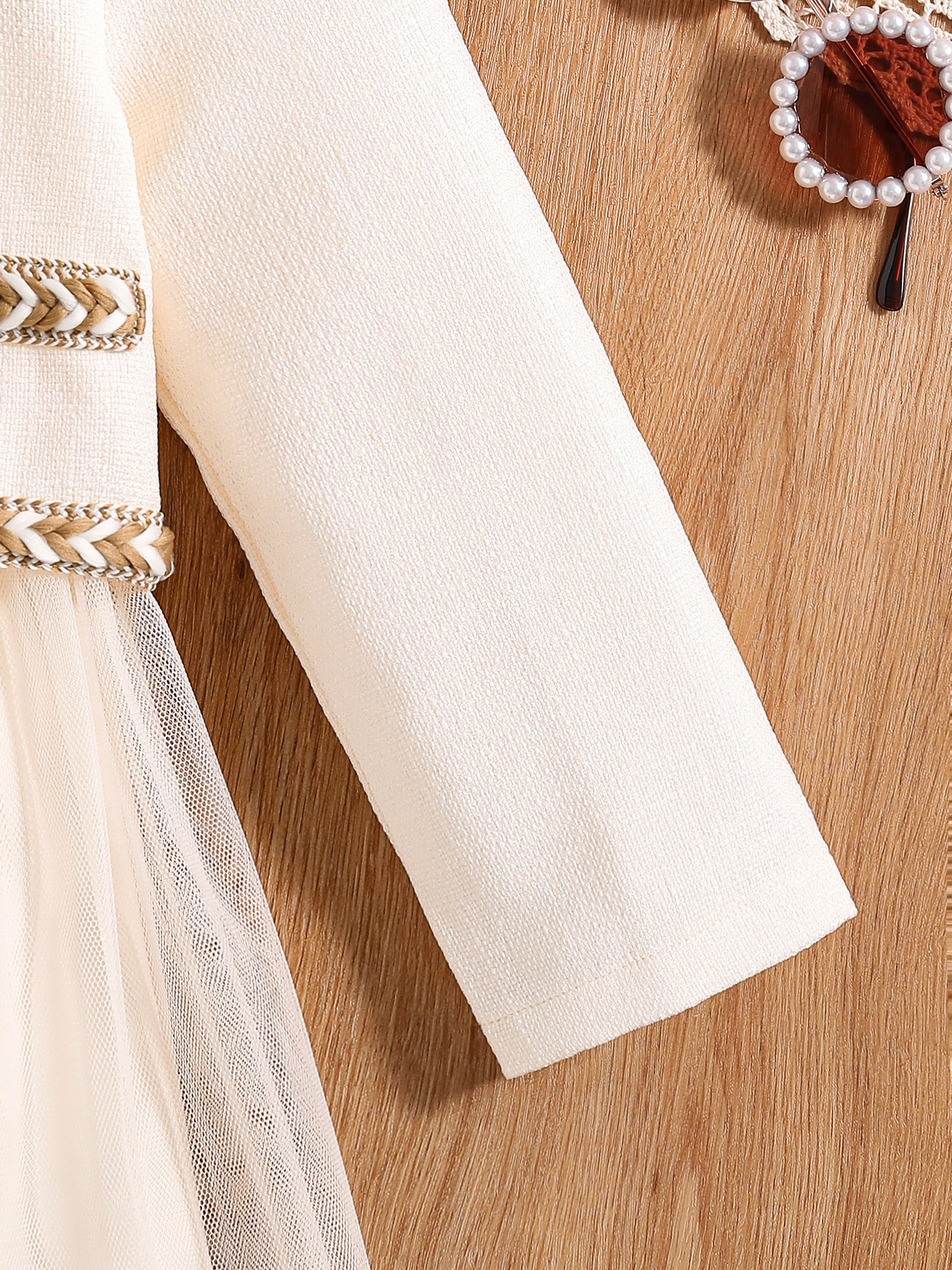 Toddler Girl 2pcs Set: Beige Tweed Jacket with Braided Trim & Tulle Dress, Elegant Party Outfit-KJ1C4420A