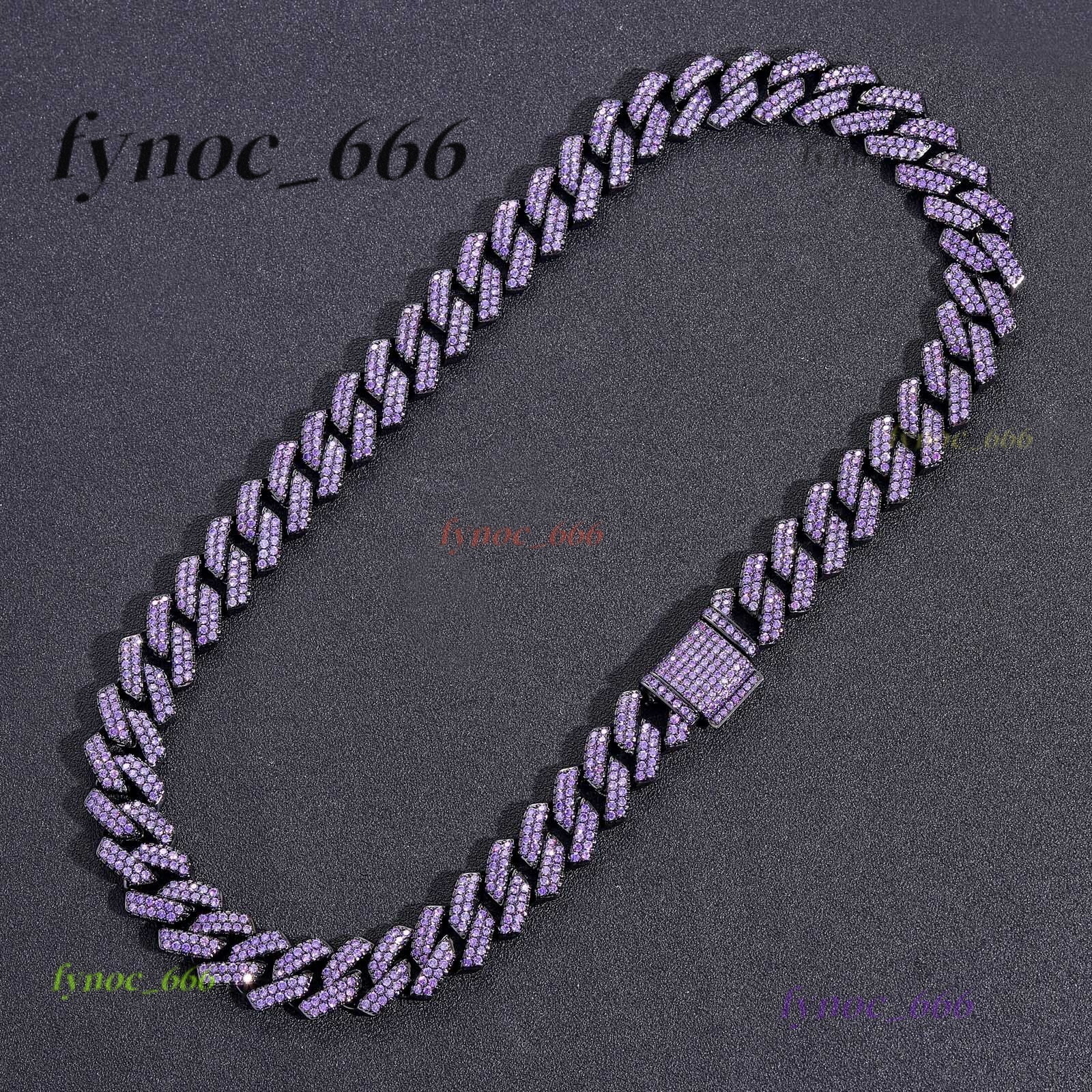 Black 15mm Full Purple Lab Diamond Bling Prong Moissanite Cuban Link Hip Hop Chain Geometric Trendy Gift Chain
