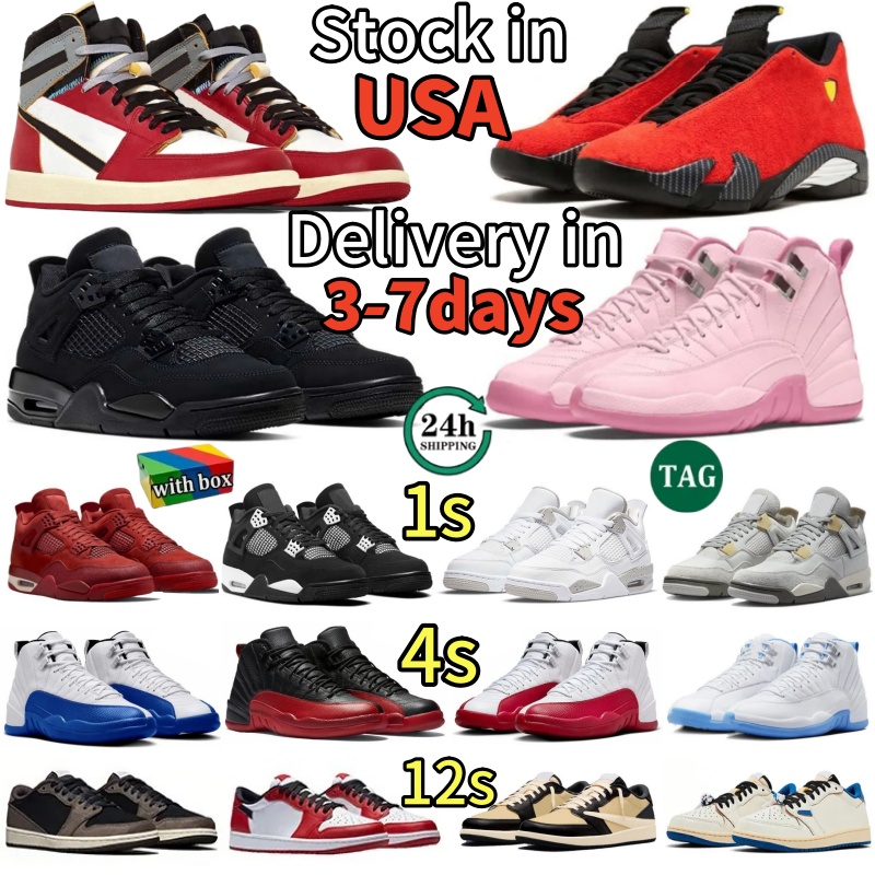 American Warehouse Basketball Shoes 1s 4s 12s 14s Black Cat White Cement Ferrari Flu Game Cherry Fire Red Thunder Bred University Blue Mens Womens Trainers Sneakers
