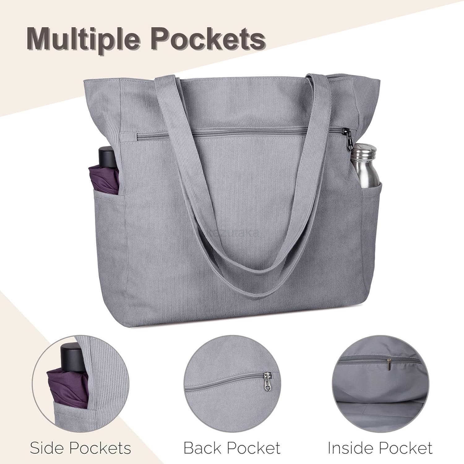 Kememo Corduroy Tote Bag for Women with Zipper Large Shoulder Bag Handbag for Work School Shopping Travel Gym Vacation Z250922