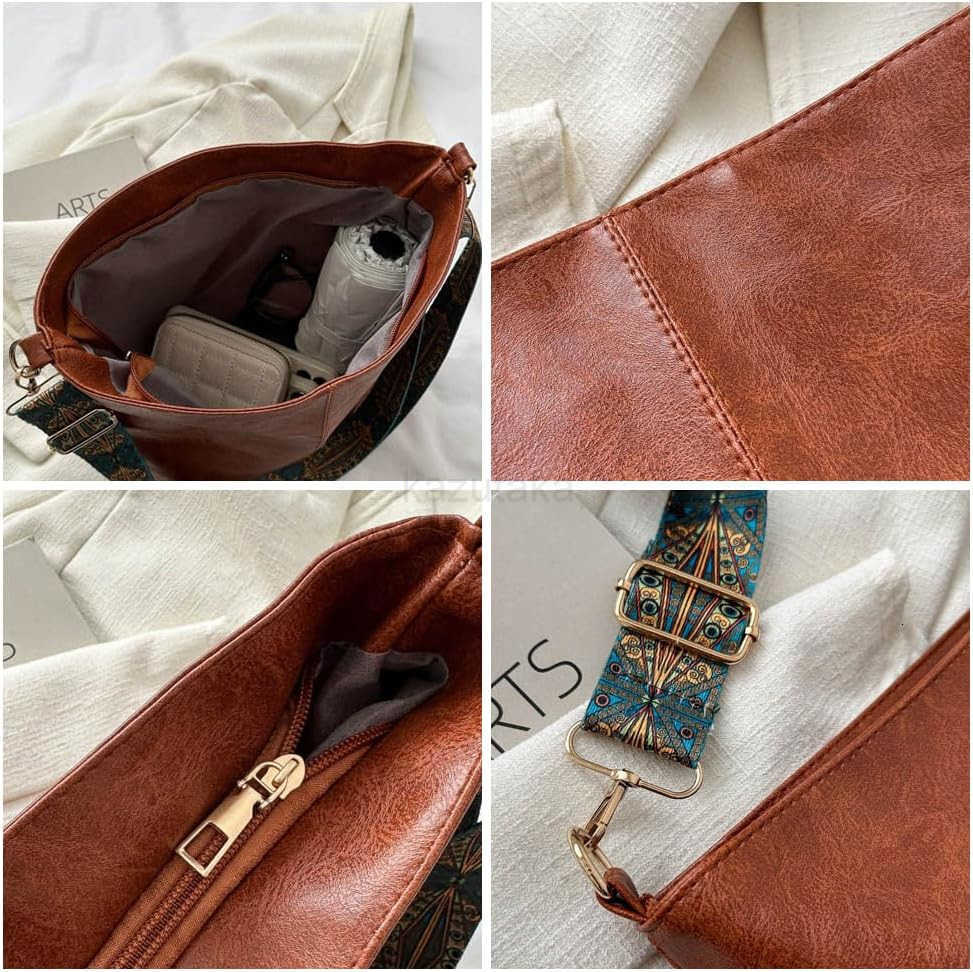 Hobo Crossbody Bag for Women Vegan PU Leather Shoulder Purses Brown Stylish Wide Guitar Strap Tote Bucket Bag with Zipper for Working Shopping Traveli