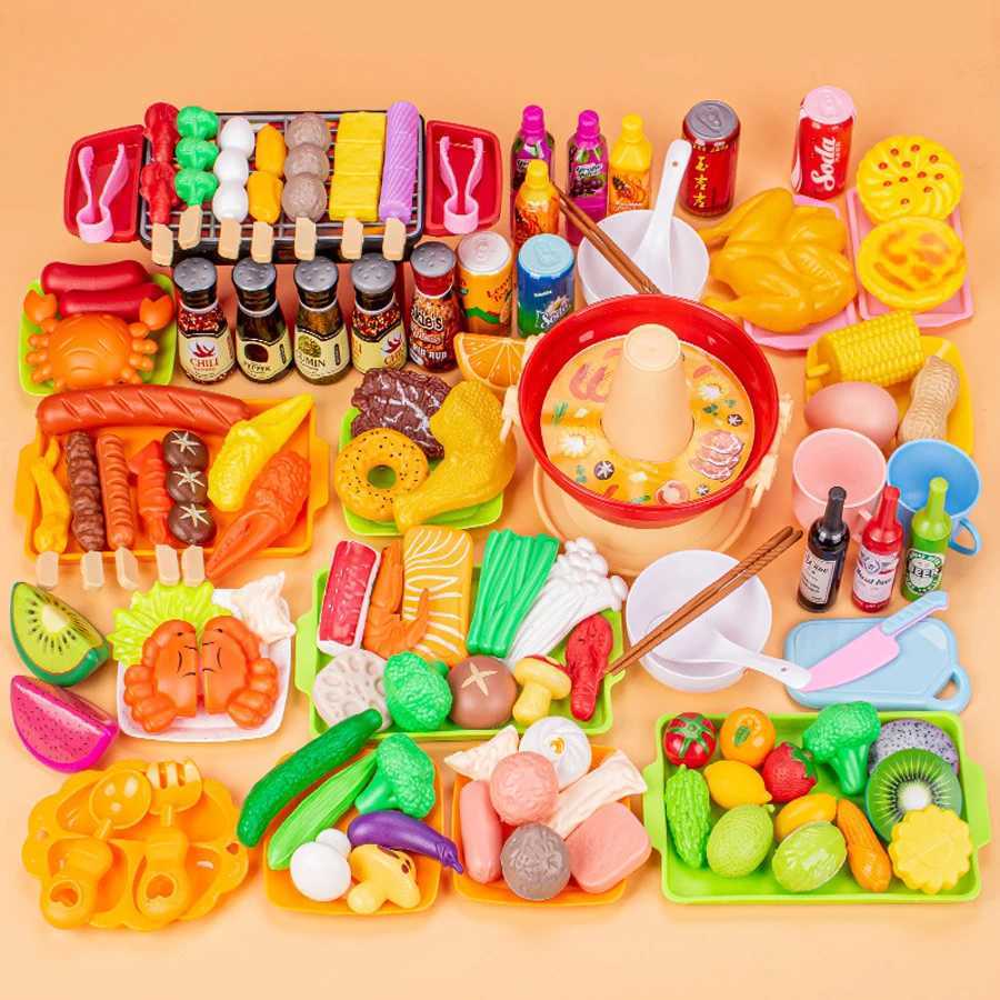 Large Play Food Set for Kids Kitchen BBQ Grill Hot Pot Pretend Cooking Toys Birthday Gift for Children C250922