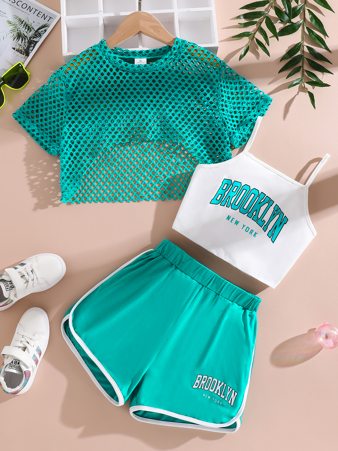 Toddler Girl 3pcs Sporty Set: "Brooklyn" Graphic Cami, Mesh Crop Top & Shorts, Trendy Active Outfits-KJ1X4120C