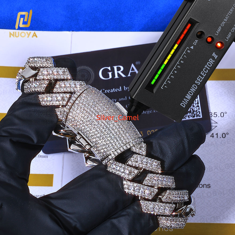 NUOYA VVS Moissanite Iced Out Cuban Chain Bracelet 20MM Width 925 Silver Gold Miami Heavy Link Luxury Hip Hop Jewelry