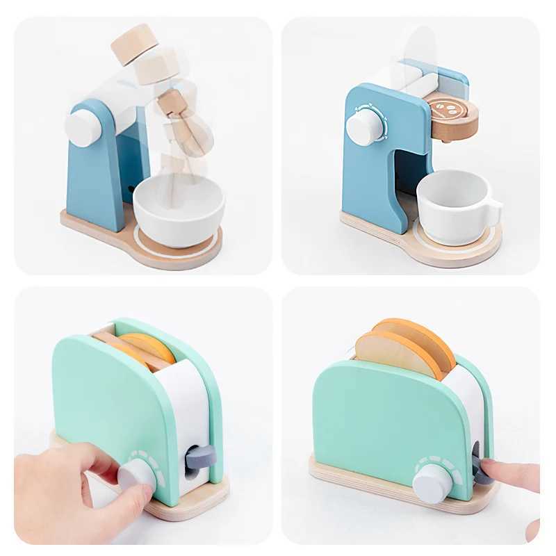 Wooden Kitchen Toy Set Coffee Machine Juicer Blender Toaster Oven Childrens Cooking DIY Simulation Scene Gifts For Kids C250922