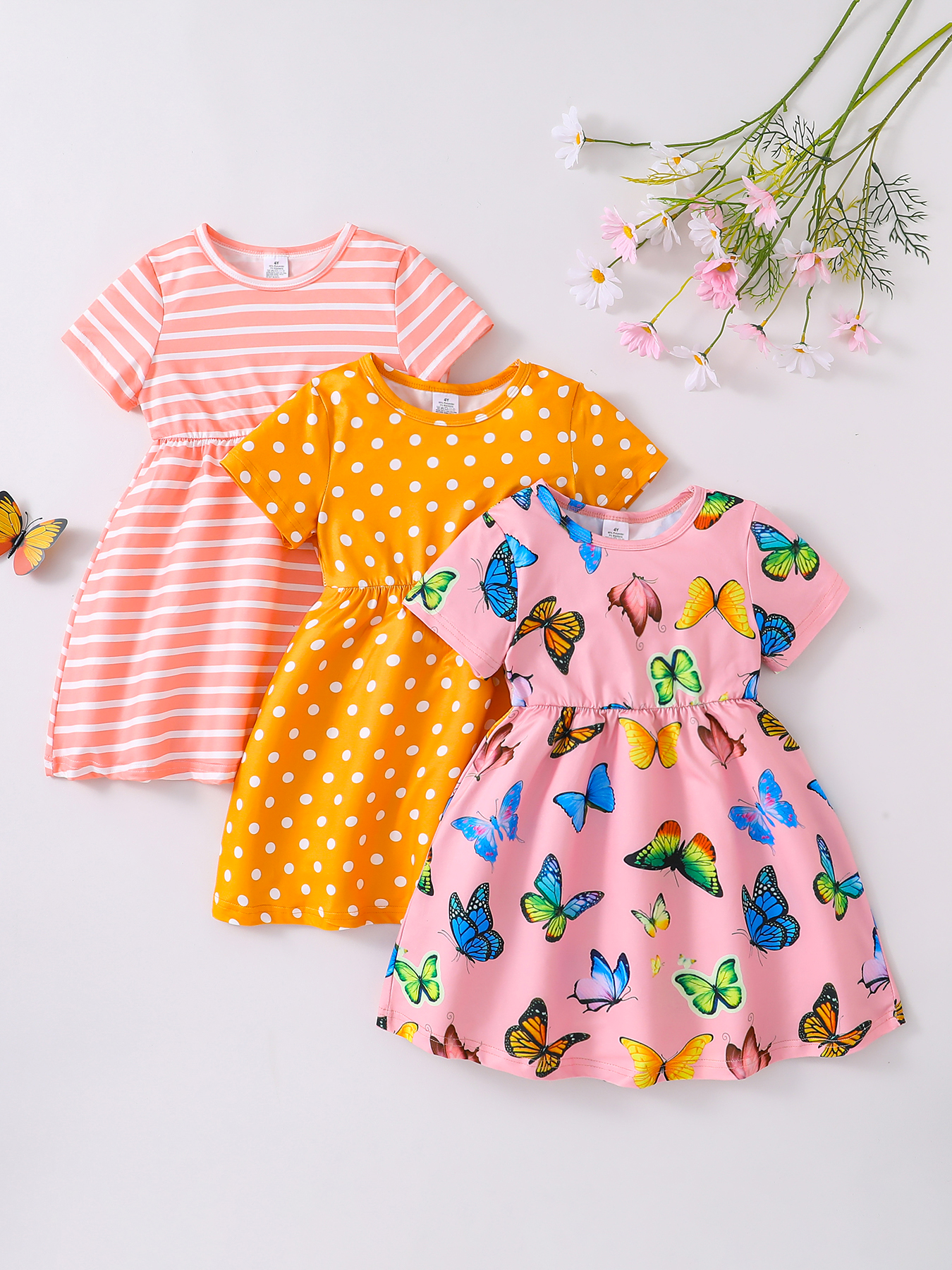 3Pcs Toddler Girl Dresses Set: Striped, Polka Dot & Butterfly Print Short - Sleeve Dresses, Cute Summer Outfits-KJ1X3964A