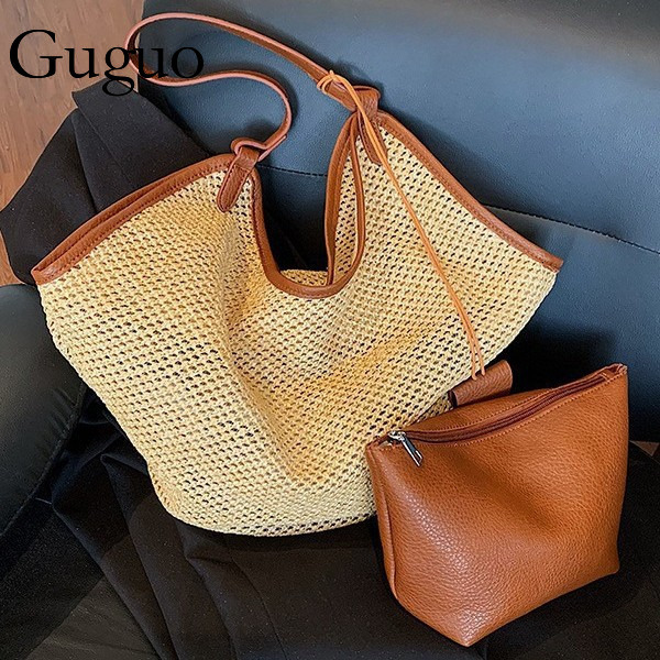 Guguo Designer Bag Designer Bag Beach Vacation Beach Bag For Women 2025 New Lazy Style Large Capacity Luxury Bag Simple Straw Luxury Bag Bag For Work 