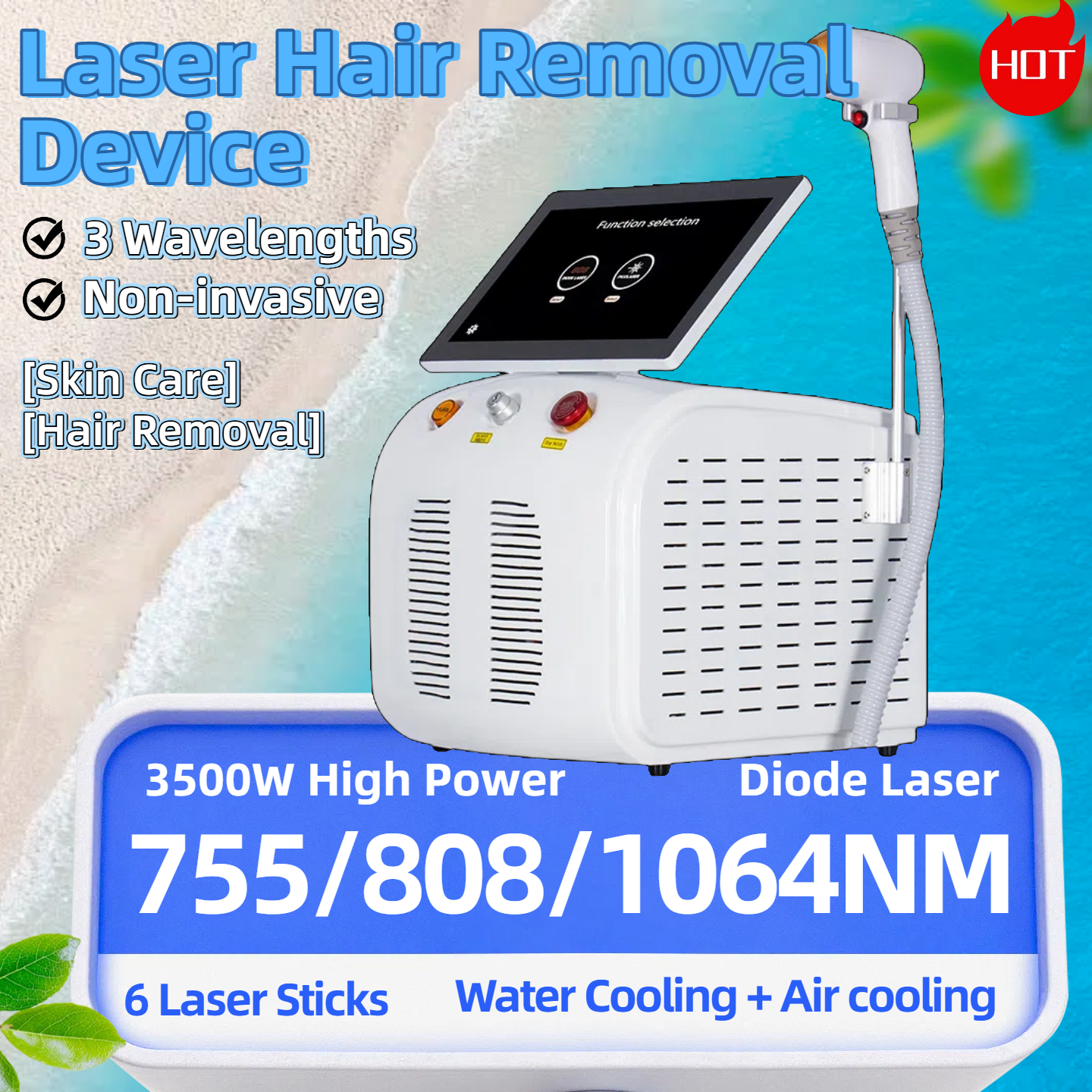 808nm Diode Laser Hair Removal 755/808/1064nm 3 Wavelengths Pain-free Hair Removal And Skin Rejuvenation 3500W 6 Laser Sticks Permanent Ice Cool Remov