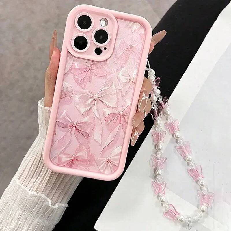 Pink Bow Pattern Silicone Phone Case For iPhone 16 17 15 14 13 12 11 Pro Max 16E X XS XR 7 8 Plus Butterfly Charm Cover