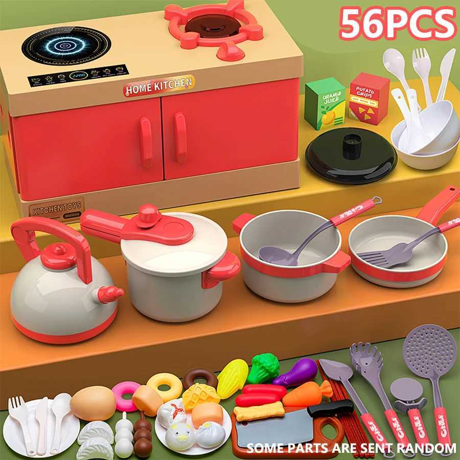 56PCS Childrens Kitchen Toy Set Girl Play House Simulation Cooking Kitchen Stove Cooking Parentkids Interactive Play Birthday Gift Educational Toys C2