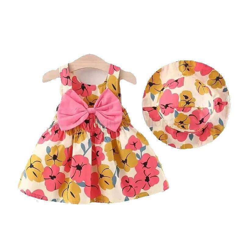 Summer Baby Flower Print Bow Princess Party Dress Hat Girl Outfits Children Clothes Set Toddler Infant Newborn Dress