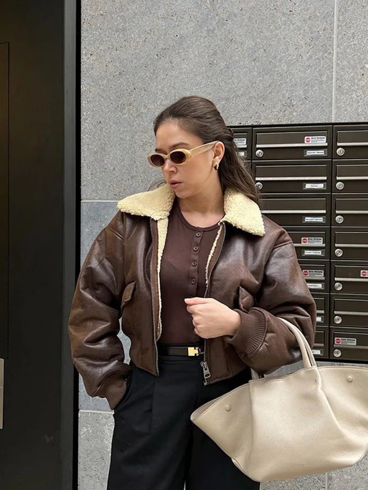Womens Cropped Leather Jackets Chic Brown Fur Collar Street Style Bomber Coat 2025 Autumn Winter Zip Up Lady Commute Outerwears 250922