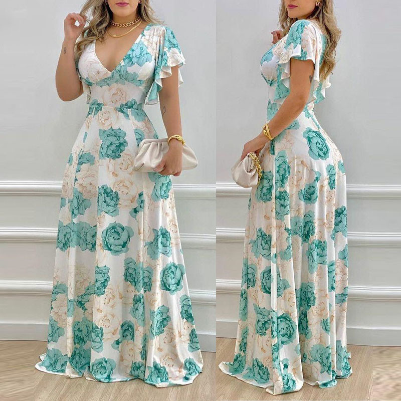 Women's Plus Size Deep V - Neck Floral Print Ruffle Short Sleeve Maxi Dress