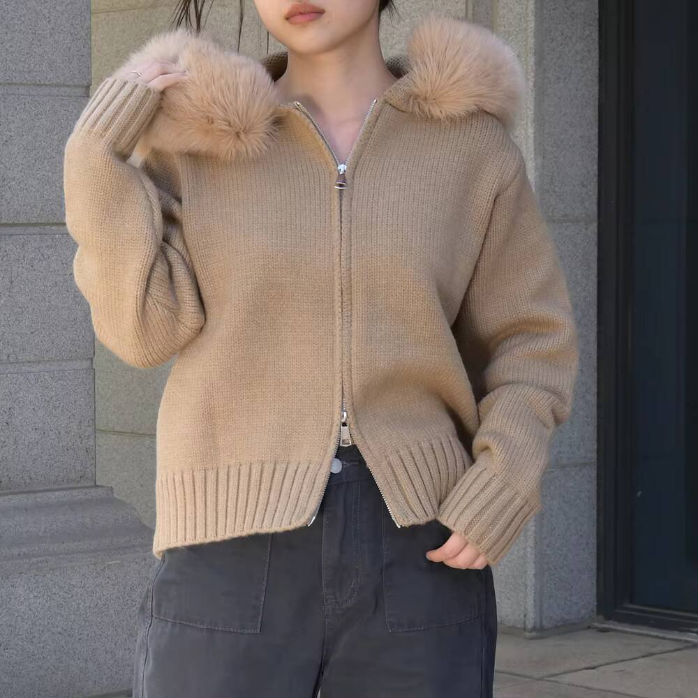 Short Outwear Knitted Jacket Zipper Warm Wholesale Soft Winter Luxury Big Real Fox Fur Collar Hooded Womens Cardigan Sweater