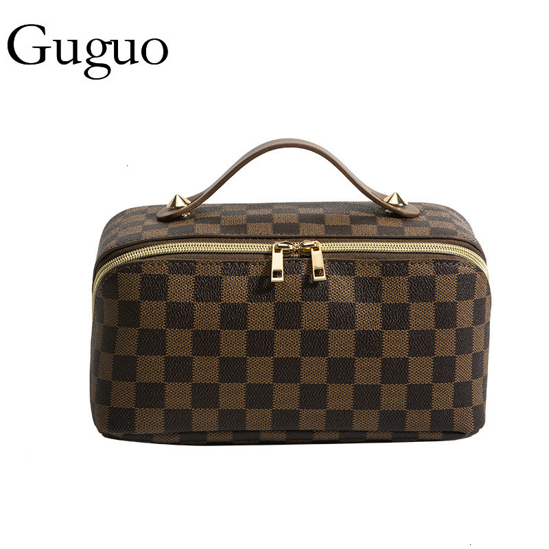 Guguo Designer Bag Vintage Style Floral Plaid Makeup Bag For Women Large Capacity Luxury Bag Portable Handheld Toiletry Bag Cosmetic Storage Bag Whole