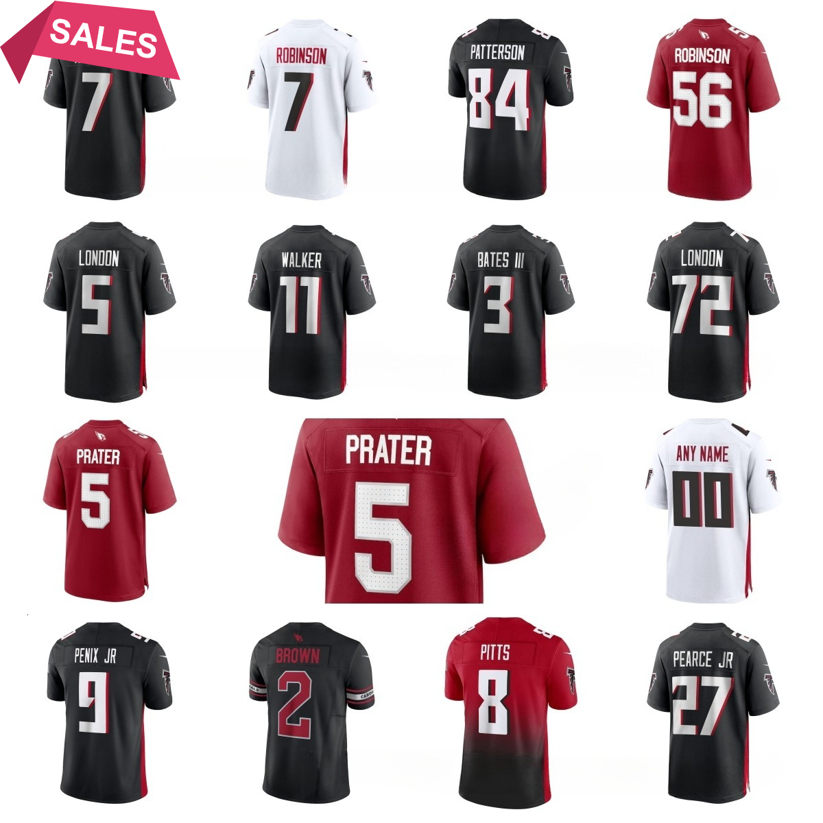 2025 NFL Falcons Bijan Robinson Michael Penix Jr Jessie Bates III Drake London Bijan Robinson Jalon Walker Cordarrelle Patterson Deion Sanders Cousins Jersey