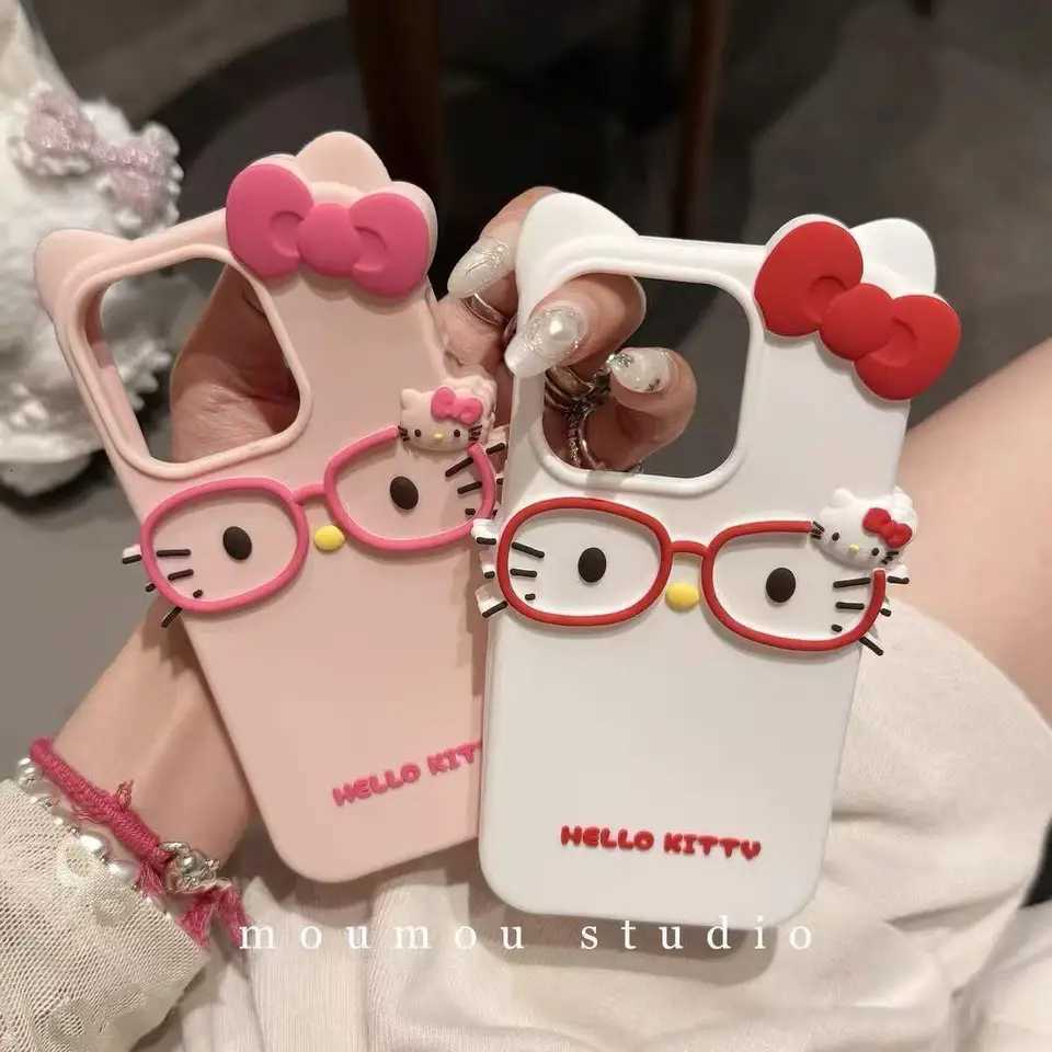 Sanrios Three nsional Wear Glasses Hello Kittys Cartoon Mobile Phone Case New Kawaii All Inclusive Girls Mobile Phone CaseXJ250922