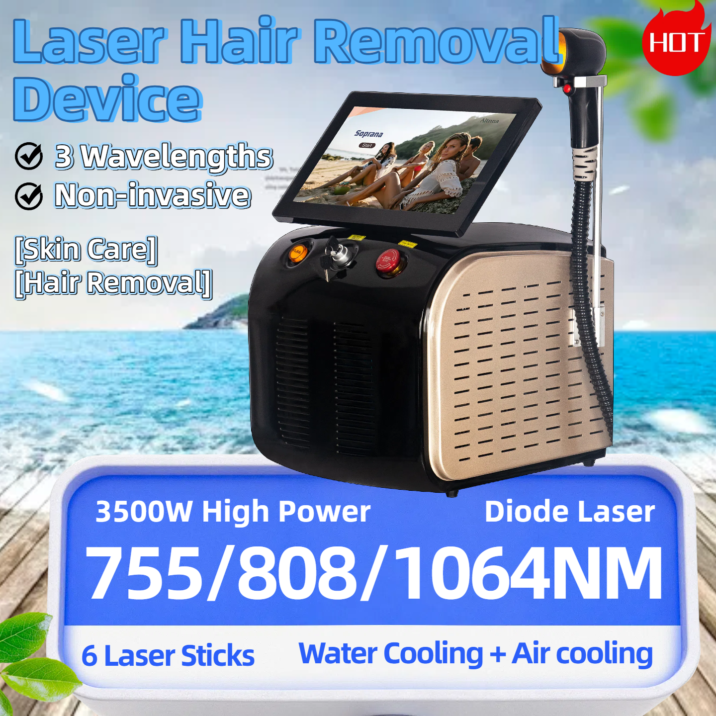 Permanent Hair Remover Professional Salon Diode Ice Point Painless 3 Waves Ice Titanium Laser Body 808nm 755/808/1064nm Diode Laser System