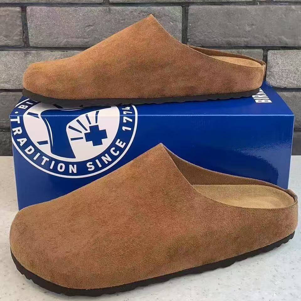 shearling fur slides row slides 2025 leather suedue 35-46 Designer Slippers Mens Womens Suede Soft Footbed Taupe nubuck suedue Cork Slides Shoes slippers