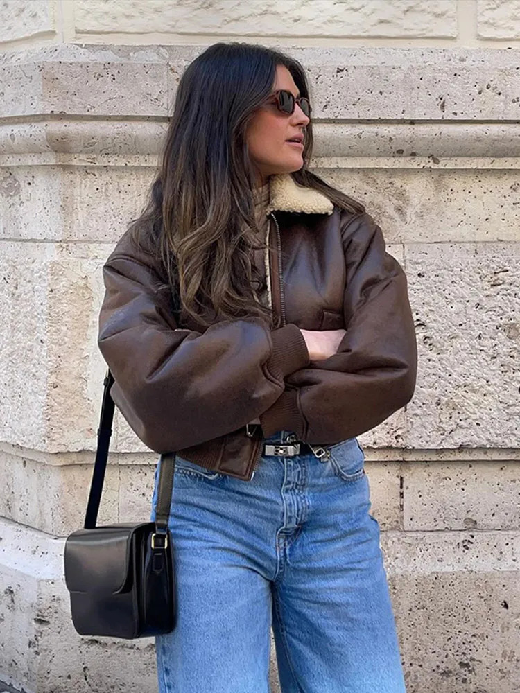 Womens Cropped Leather Jackets Chic Brown Fur Collar Street Style Bomber Coat 2025 Autumn Winter Zip Up Lady Commute Outerwears 250922