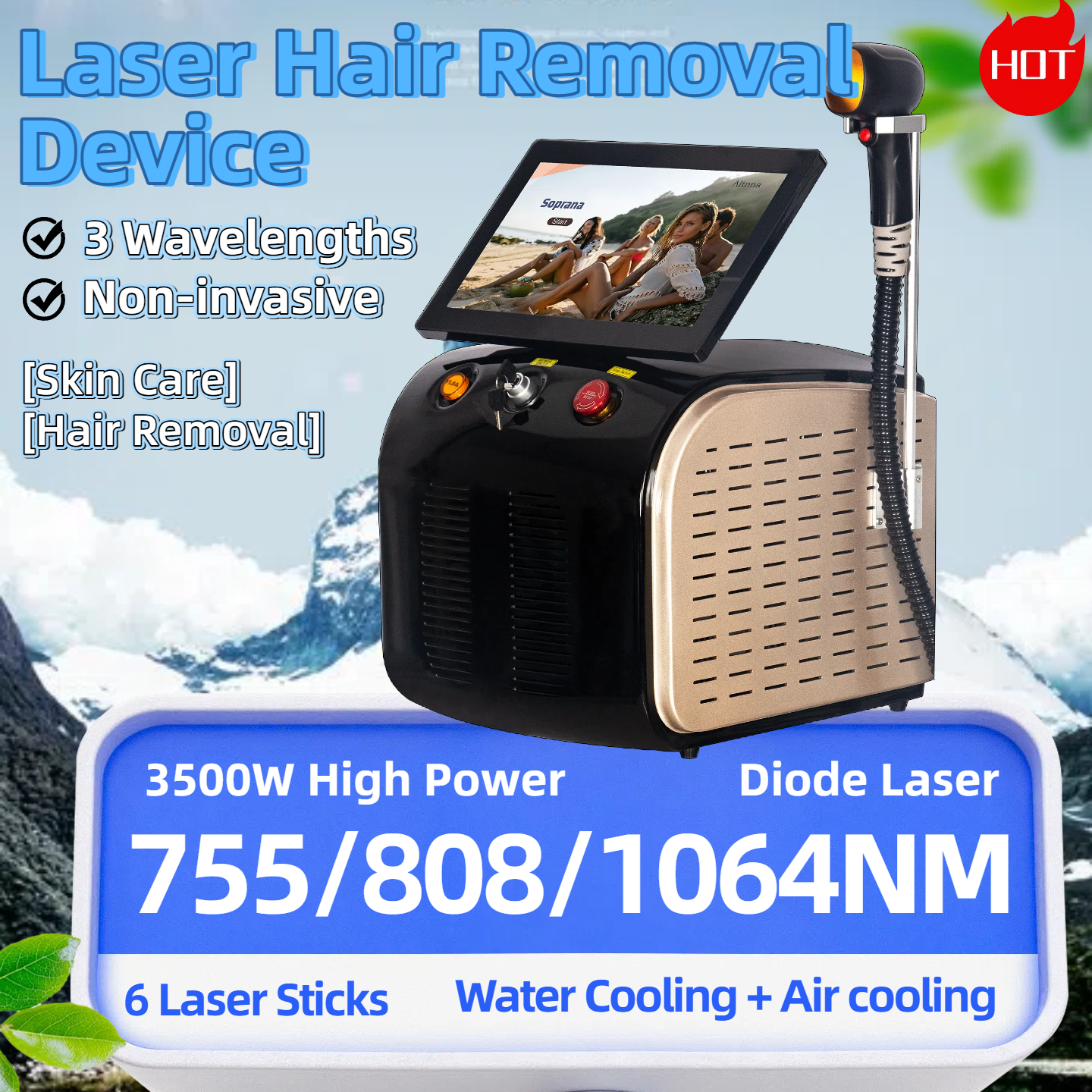 Large Screen Diode Laser Hair Removal Machine Painless Permanent Hair Removal Skin Whitening High Power Smart 3 Wavelengths 755/808/1064nm Machine