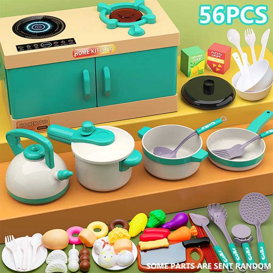 56PCS Childrens Kitchen Toy Set Girl Play House Simulation Cooking Kitchen Stove Cooking Parentkids Interactive Play Birthday Gift Educational Toys C2